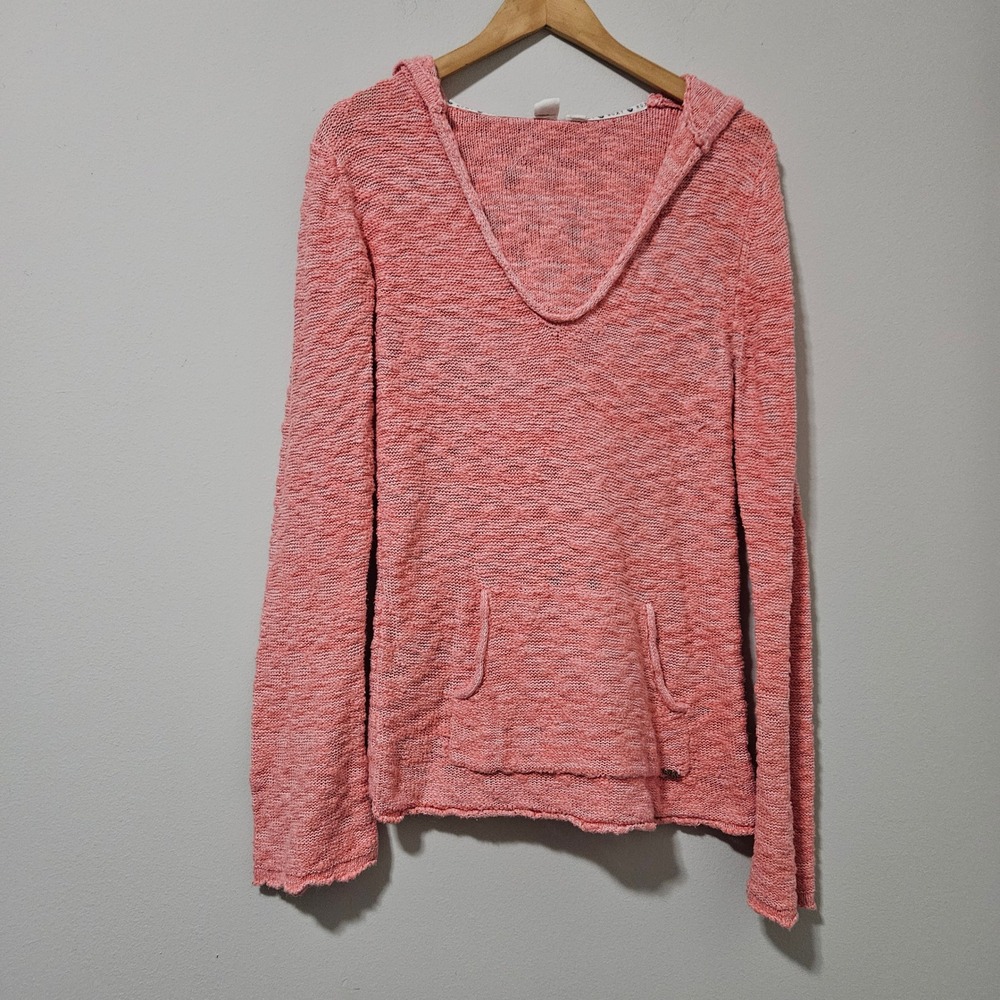 Roxy Womens Coral Pink Marl Knit Hoodie V-Neck Sweater XL Long Sleeve Beach Surf